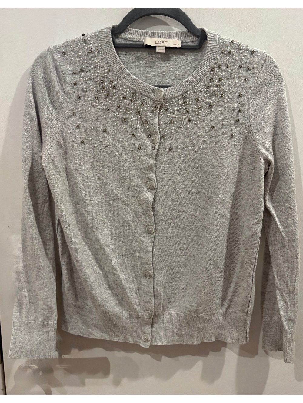 Ann Taylor LOFT Petite Light Gray Embellished Cardigan Sweater Size LP